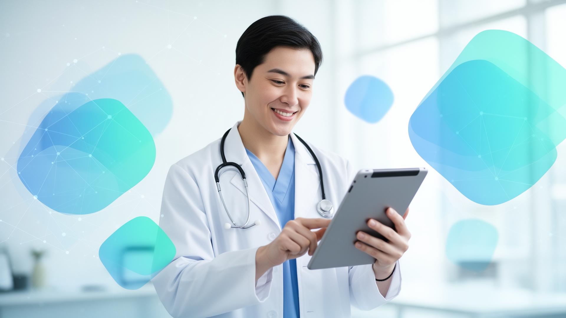 Profissional de saúde usando a plataforma MedLink em um tablet